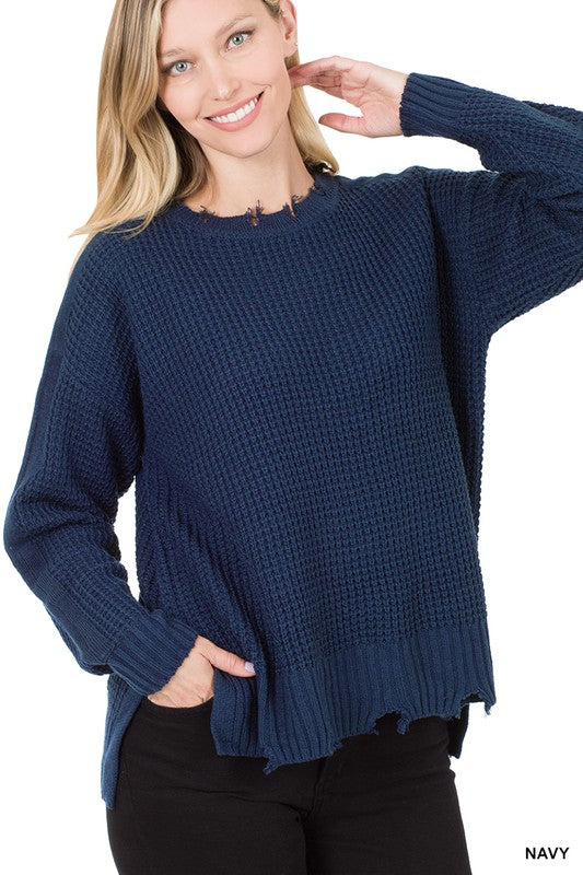 Distressed Round Neck Waffle Knit